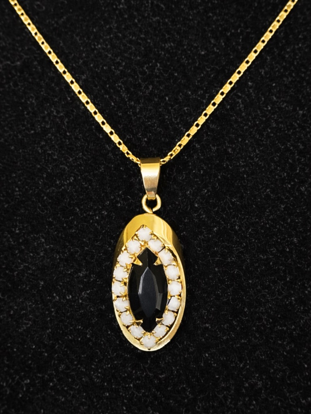 Gold Pendant Necklace with Black Marquise Stone and White Accent Stones